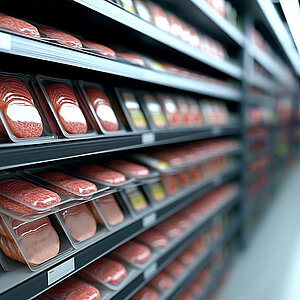 Regale im Supermarkt, gefüllt mit verpackten Fleisch- und Wurstwaren in transparenter Schale.