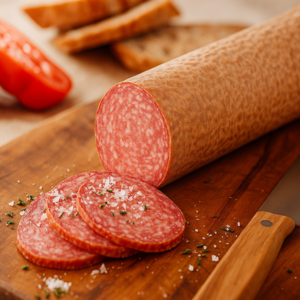 Aufgeschnittene Salami auf einem Holzbrett, garniert mit grobem Salz und Kräutern, daneben ein Messer und Brotscheiben.