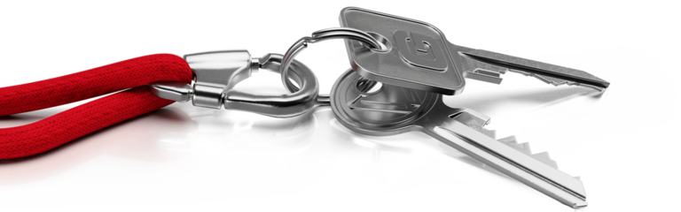 Roter Schlüsselanhänger mit Metallschließe und mehreren silbernen Schlüsseln. Auf einem der Schlüssel ist ein G eingeprägt.