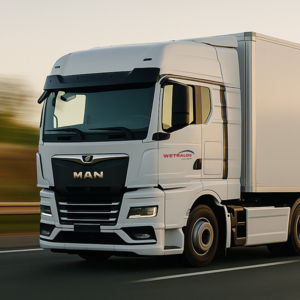 Weißer WETRALOG-Lkw der Marke MAN fährt auf einer Straße bei Sonnenlicht.